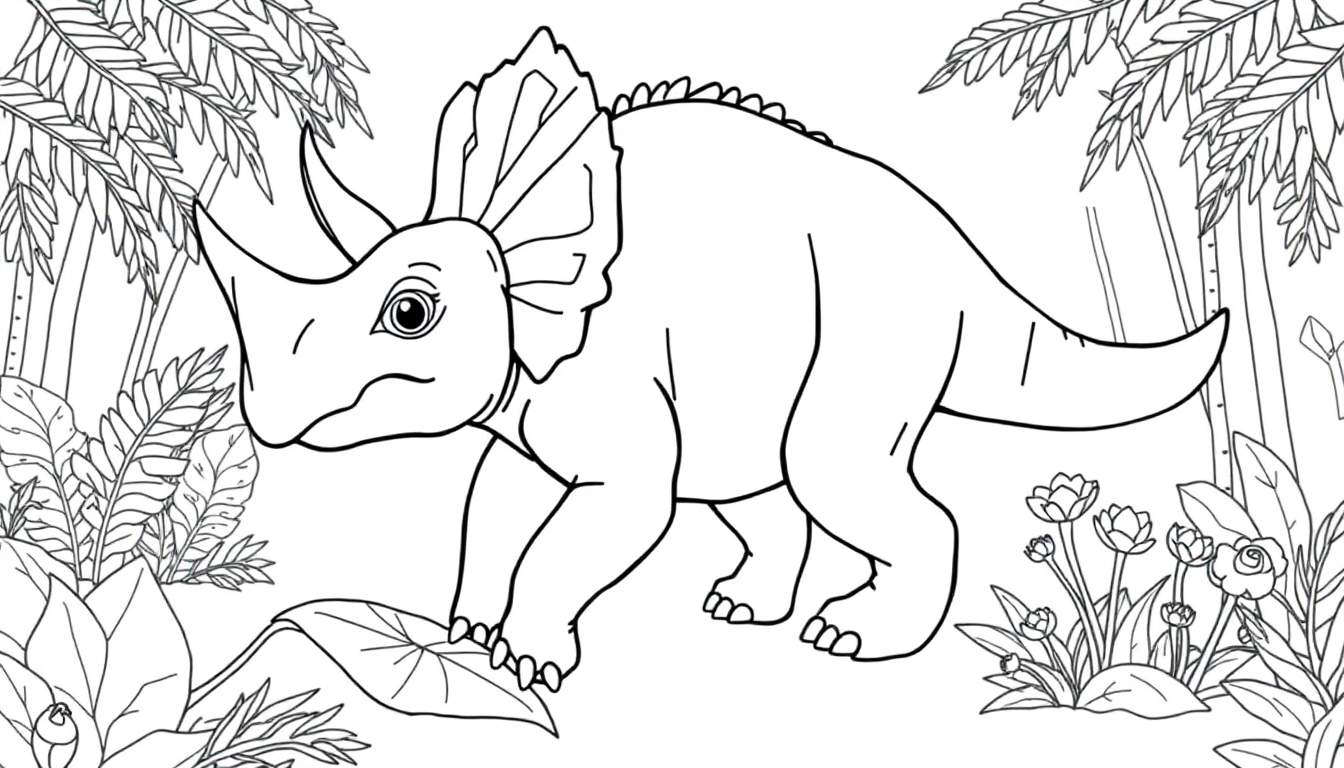 A friendly Triceratops in a black and white line art color panel, walking through a jungle with big horns and lots of plants.