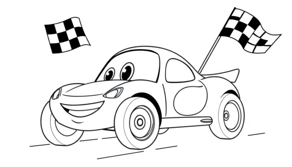 A happy cartoon race car with a checkered flag, ready to race! Black and white coloring color panel.