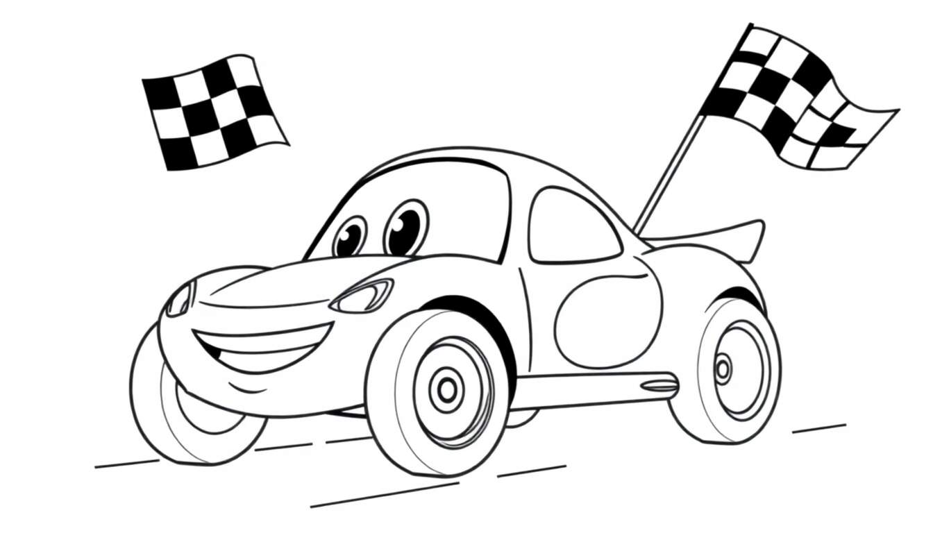 A happy cartoon race car with a checkered flag, ready to race! Black and white coloring color panel.