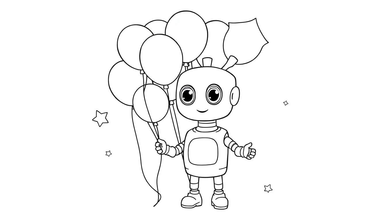A cute, boxy robot with large eyes and a smile holds a color panel of balloons, with stars scattered around. It's a black and white drawing.