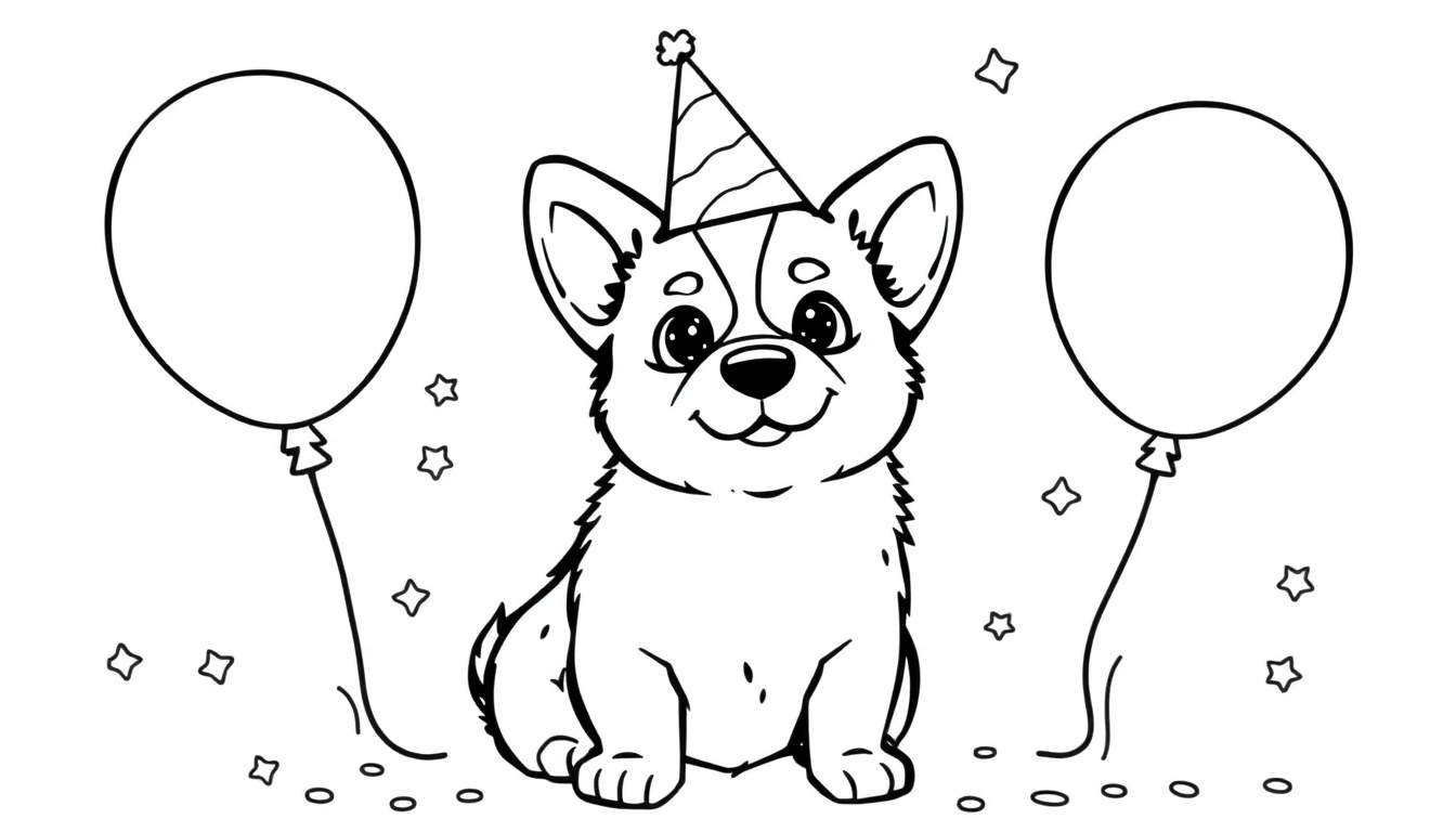 A cute corgi dog with a party hat and balloons.