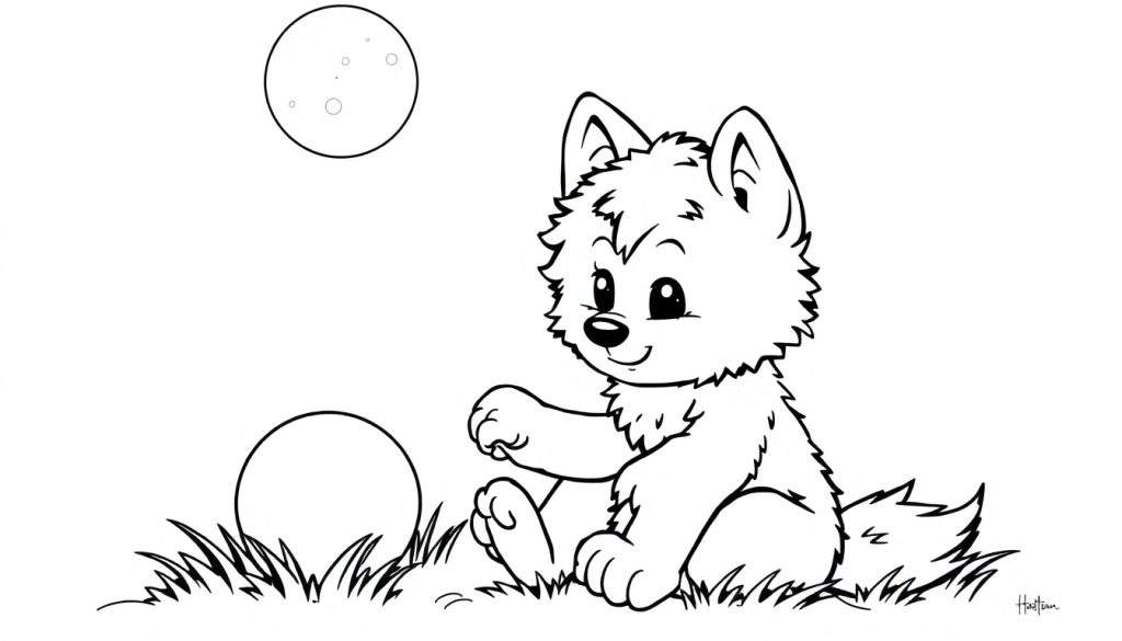 A cute cartoon wolf cub sitting in grass under a moon, a ball beside it. Black and white color panel.