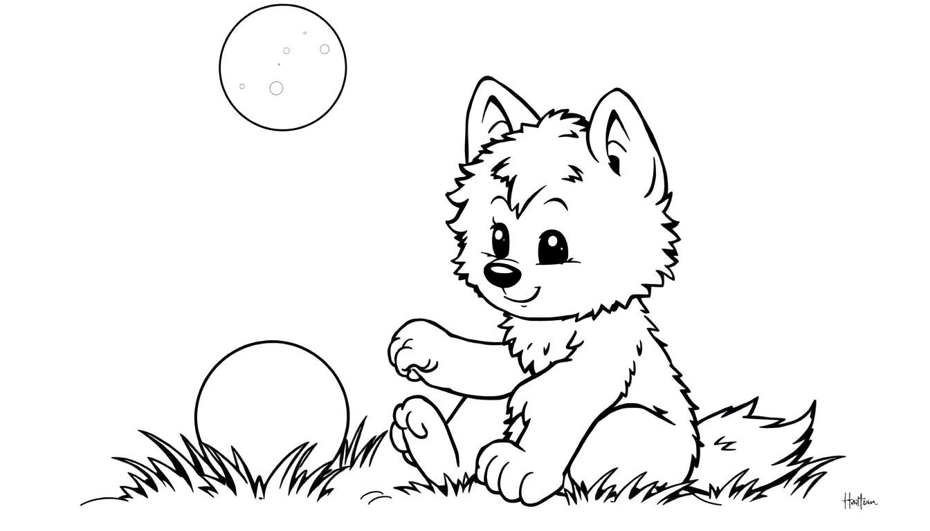 A cute cartoon wolf cub sitting in grass under a moon, a ball beside it. Black and white color panel.