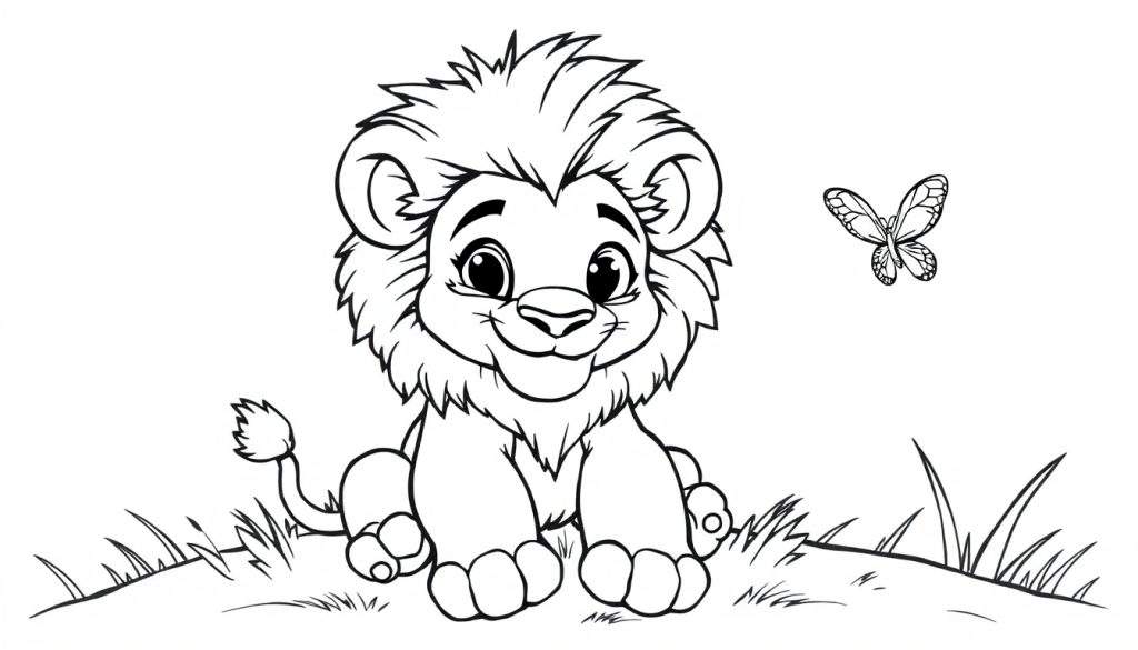 A cute lion cub with a big mane in a grass color panel, ready for coloring.