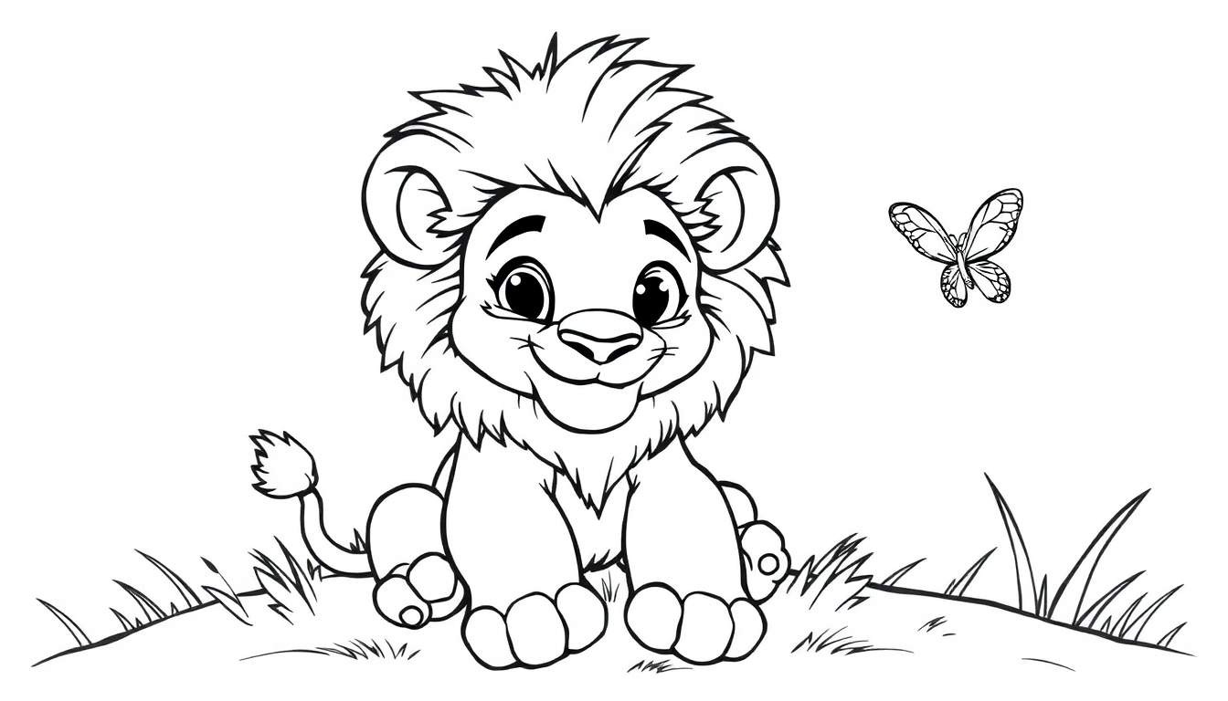 A cute lion cub with a big mane in a grass color panel, ready for coloring.