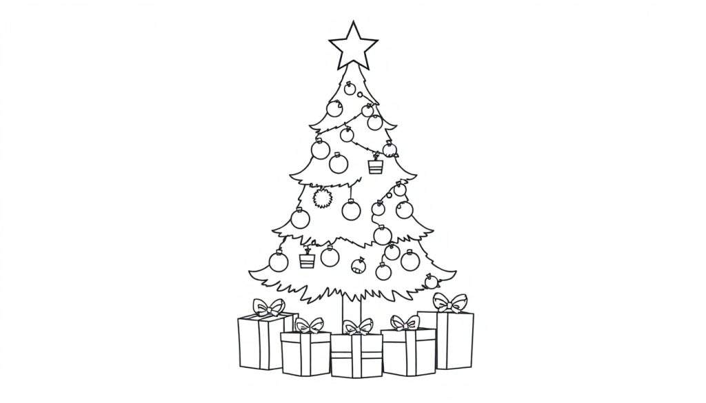 A cute Christmas tree color panel with ornaments and a star ready for coloring, with presents underneath.