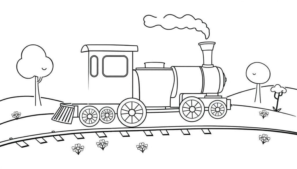 A black and white line drawing of a cartoon steam train with smoke, chugging through a landscape with hills and trees, perfect for a color panel.