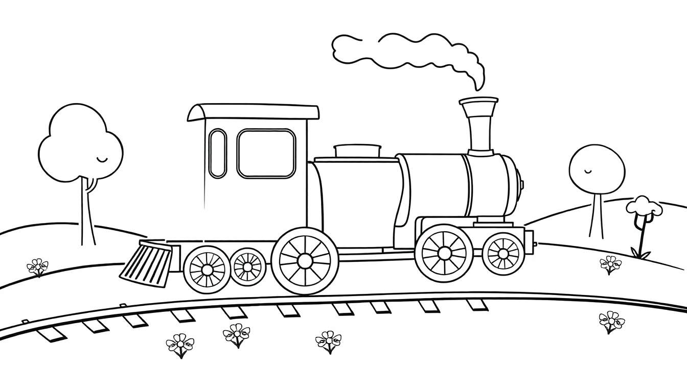 A black and white line drawing of a cartoon steam train with smoke, chugging through a landscape with hills and trees, perfect for a color panel.