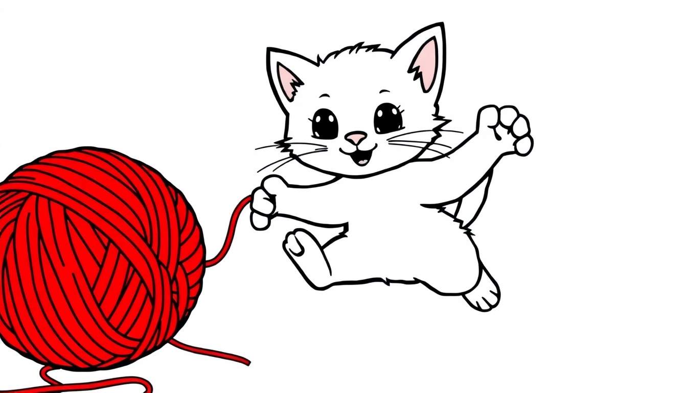 A playful kitten outline, ready for a color panel, chasing a red ball of yarn.