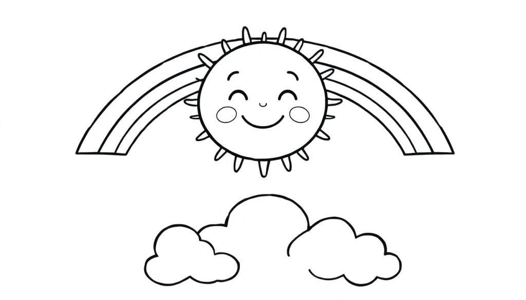 A cheerful black and white cartoon drawing featuring a smiling sun, a rainbow, and clouds, presented as a color panel for kids.