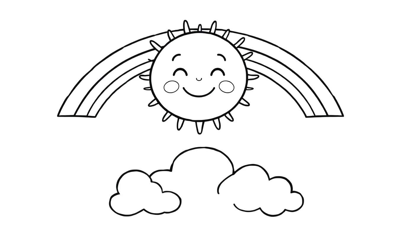 A cheerful black and white cartoon drawing featuring a smiling sun, a rainbow, and clouds, presented as a color panel for kids.
