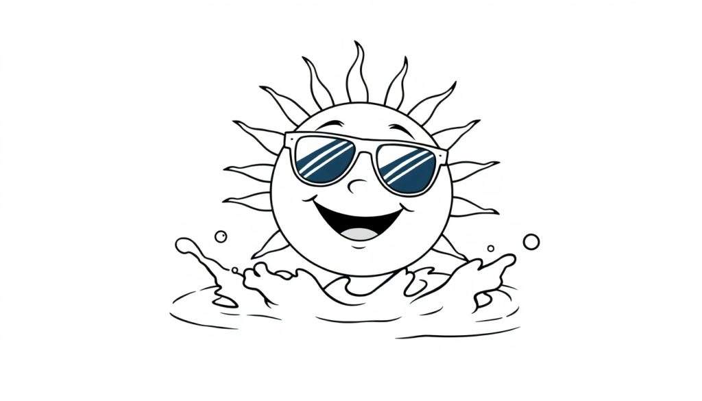 A smiling black and white sun wearing sunglasses splashes in water, depicted as a coloring page.