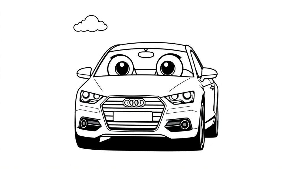 A cute black and white Audi car with big, friendly eyes, ready for coloring. This color panel is a fun scene for kids.