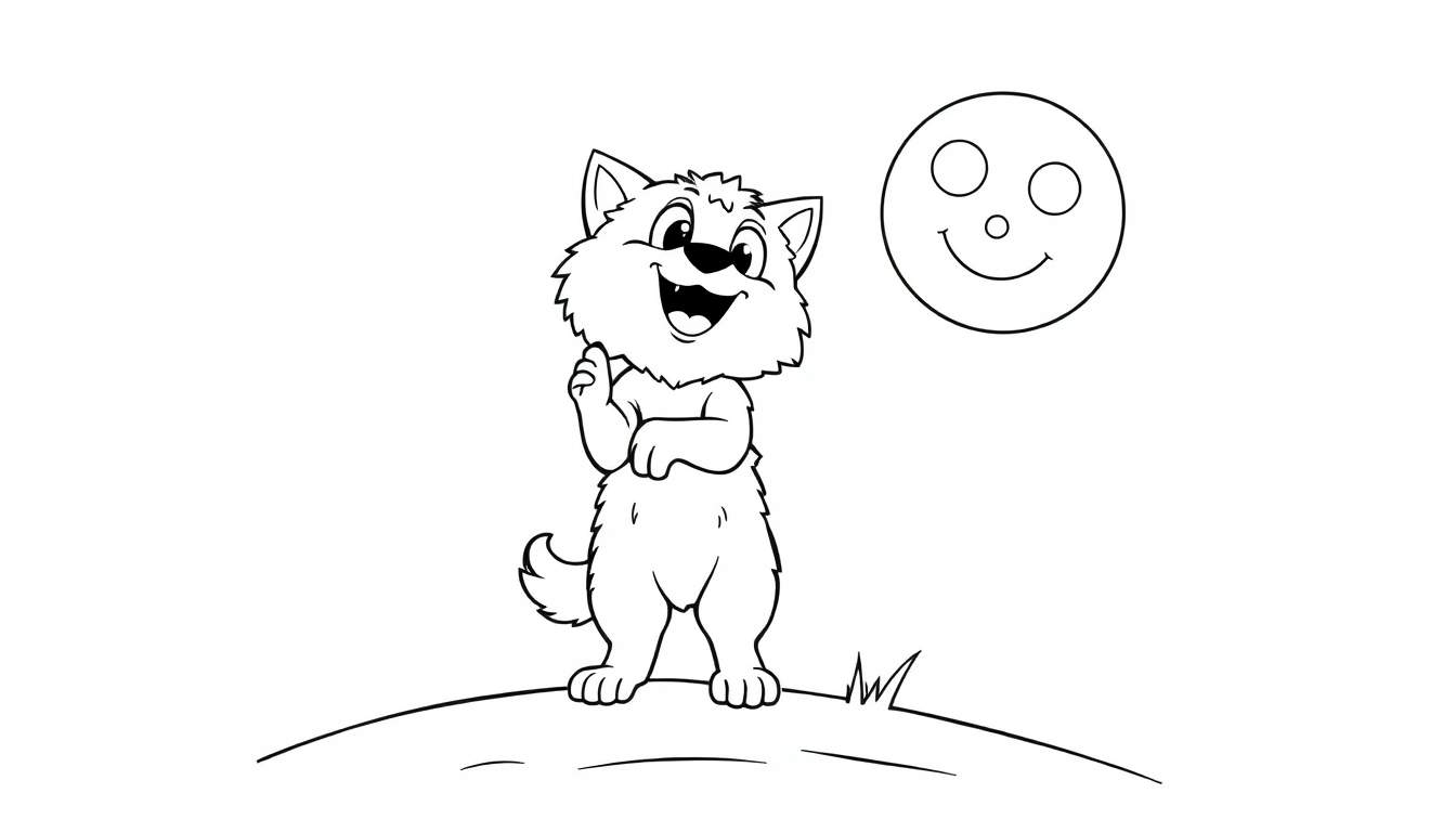 A cheerful cartoon wolf cub on a small hill, with a happy face in a circle above it, on a color panel.