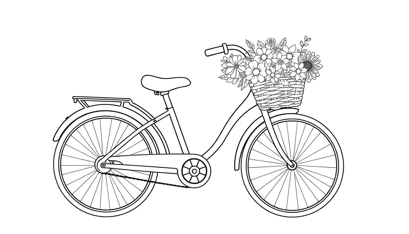 A line drawing of a happy bicycle with a basket full of colorful flowers.