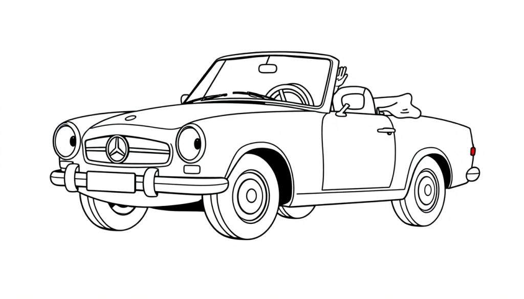 A friendly vintage Mercedes-Benz convertible in black and white line art, ready for the color panel, with the driver waving.