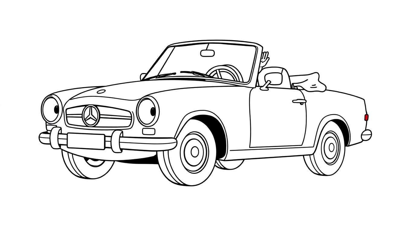 A friendly vintage Mercedes-Benz convertible in black and white line art, ready for the color panel, with the driver waving.