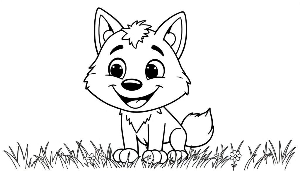 A black and white cartoon illustration of a friendly wolf cub with big eyes and a happy smile, sitting in grass, ready for a color panel.