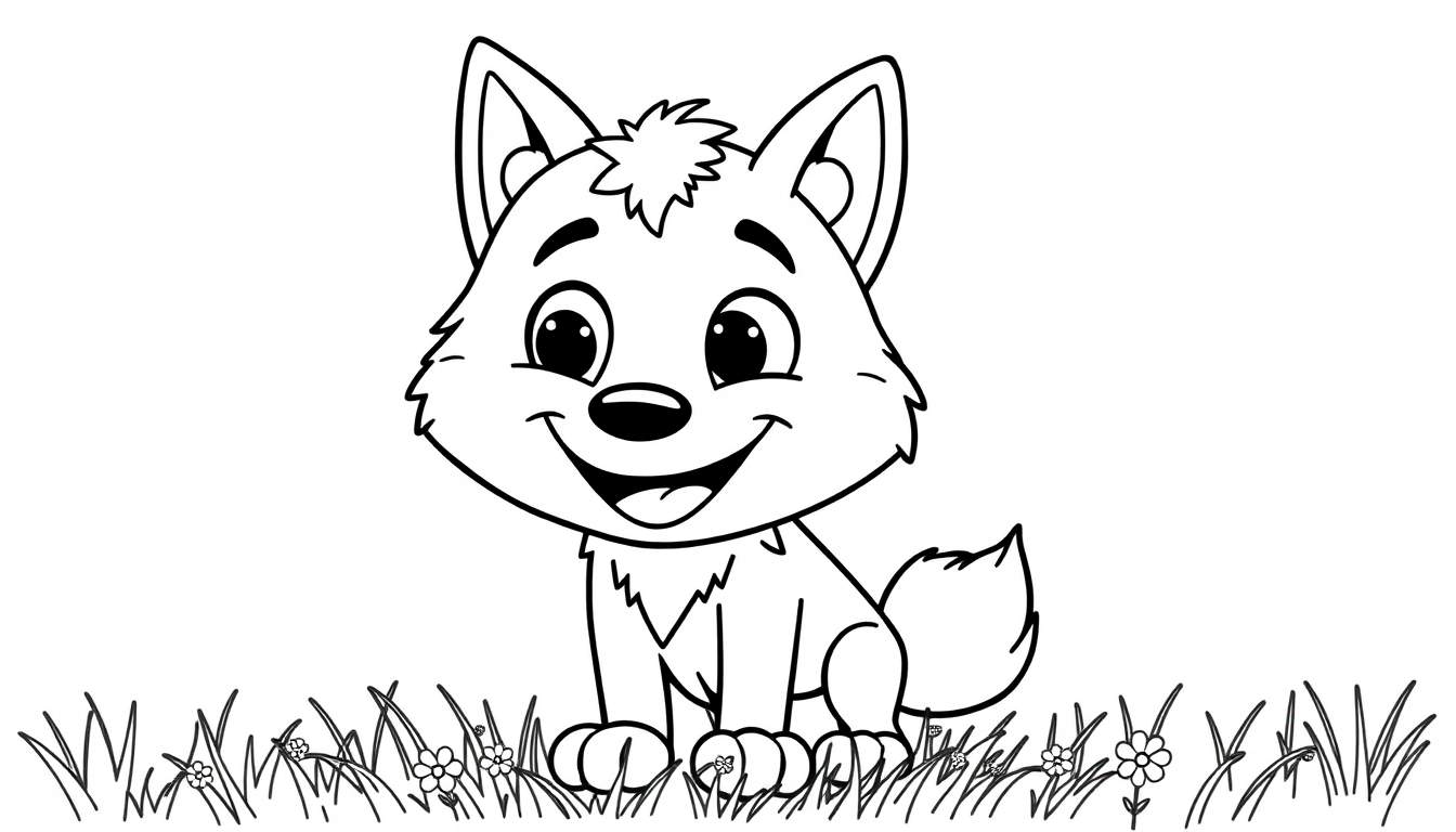 A black and white cartoon illustration of a friendly wolf cub with big eyes and a happy smile, sitting in grass, ready for a color panel.
