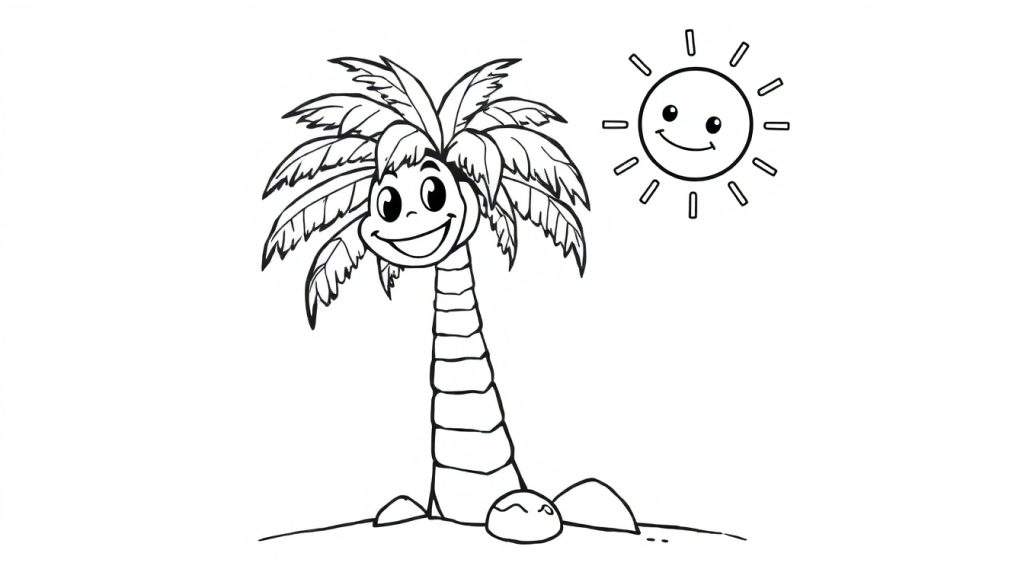 A cute black and white coloring page of a friendly palm tree waving hello to a happy sun, perfect for a color panel.