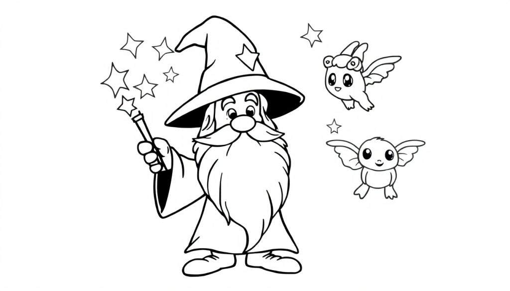 A friendly wizard with a star hat and flowing beard, casting a spell with a wand and stars, with two small winged creatures nearby. Black and white outline for coloring color panel.