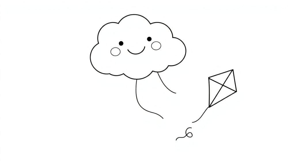A friendly cartoon cloud with a smiling face and rosy cheeks holds a kite with a simple diamond shape, shown in a black and white color panel.
