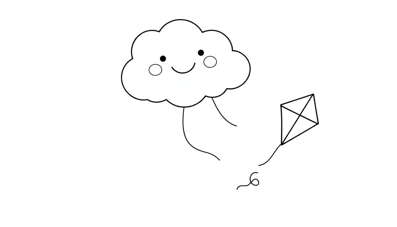 A friendly cartoon cloud with a smiling face and rosy cheeks holds a kite with a simple diamond shape, shown in a black and white color panel.