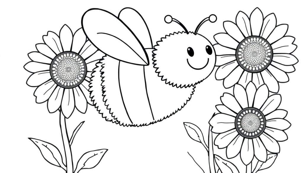 A black and white illustration of a cheerful bee flying around sunflowers, a delightful color panel.
