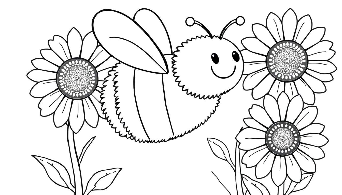 A black and white illustration of a cheerful bee flying around sunflowers, a delightful color panel.