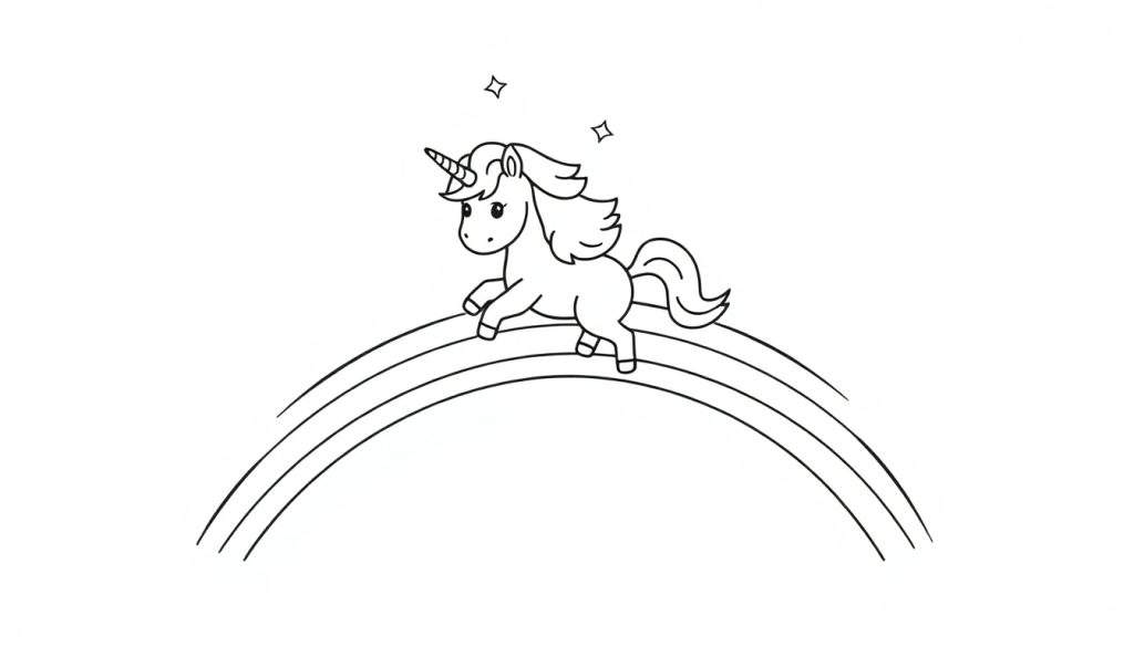 A black and white unicorn coloring panel prancing on a rainbow.