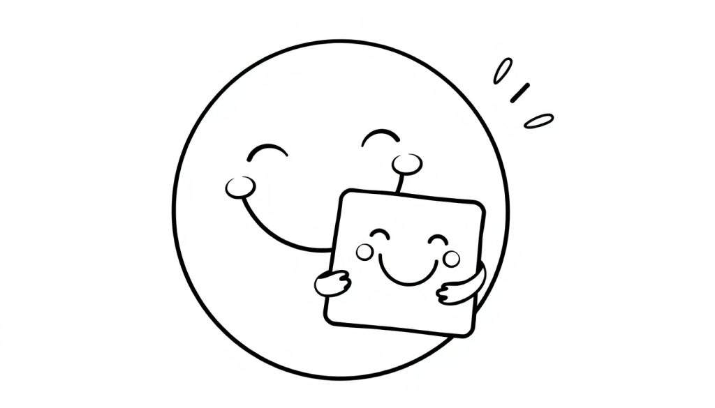 A cheerful circle character hugging a square character, both in black and white for coloring fun, part of a color panel.