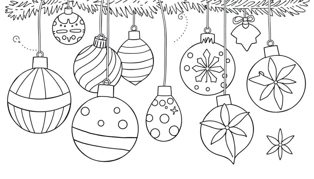 A black and white coloring page with Christmas ornaments and a pine branch, ready for a color panel.