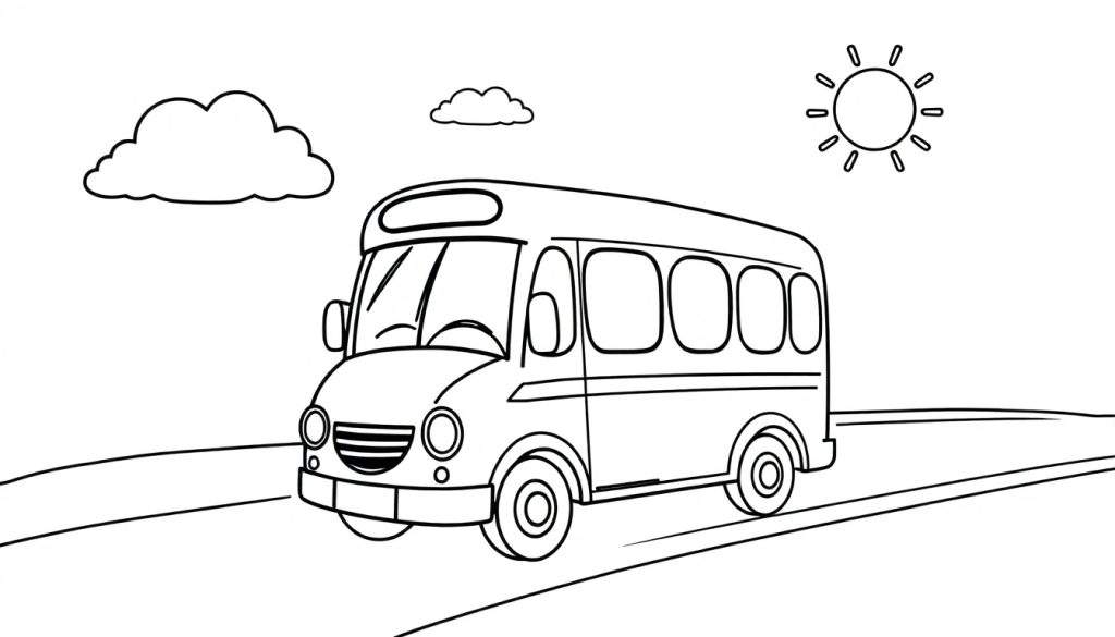A black and white line art color panel of a friendly bus driving on a straight road under a sunny sky with fluffy clouds.