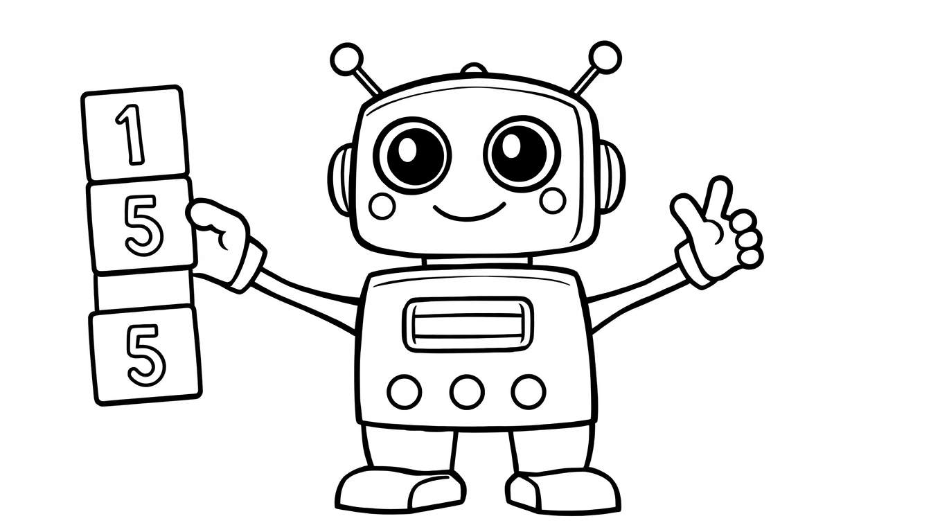 A happy robot with antennas holds a stack of blocks with numbers 1, 5, and 5, and gives a thumbs-up.