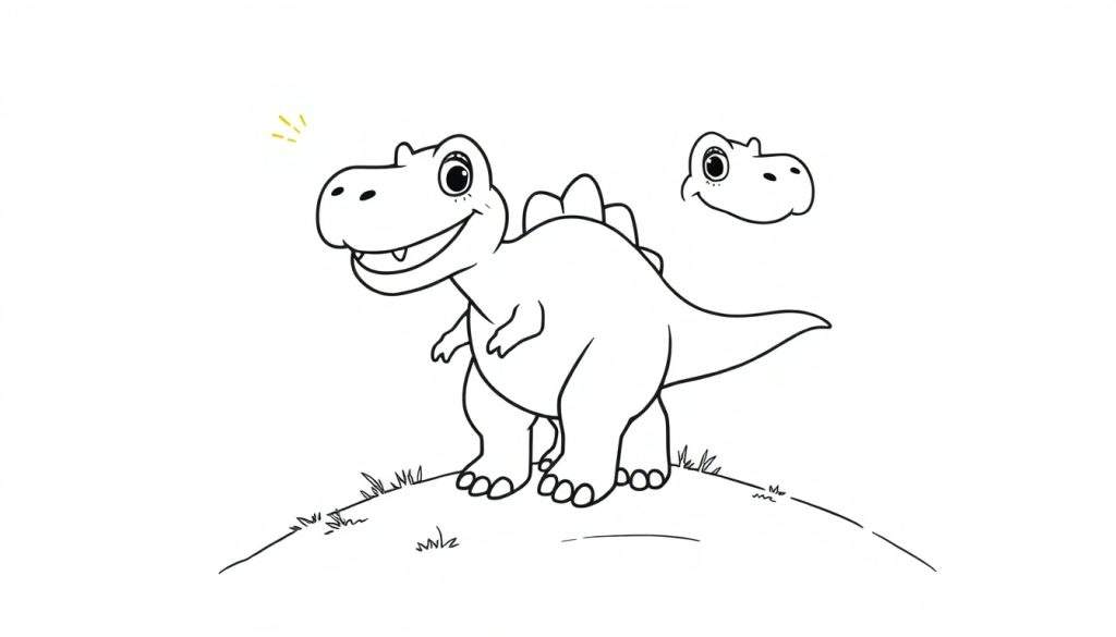 A happy baby T-Rex smiling on a grassy hill, ready for coloring. This is a black and white outline color panel.