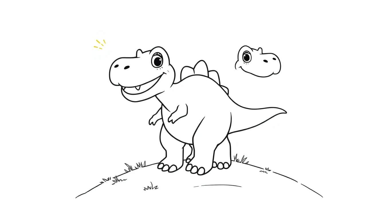 A happy baby T-Rex smiling on a grassy hill, ready for coloring. This is a black and white outline color panel.