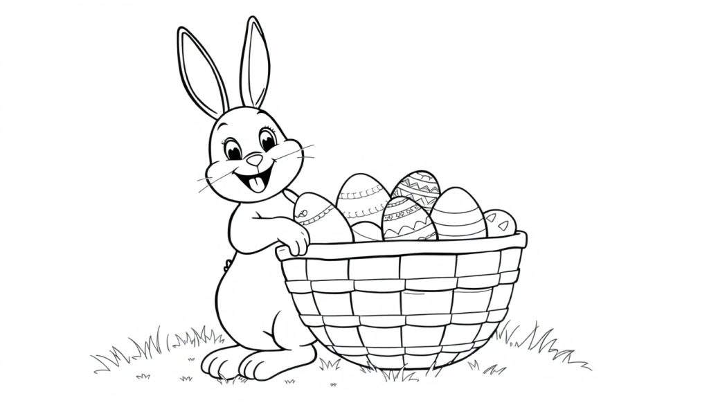 A happy Easter bunny holding a basket full of colorful eggs, ready for coloring! This black and white outline makes a fun activity color panel.