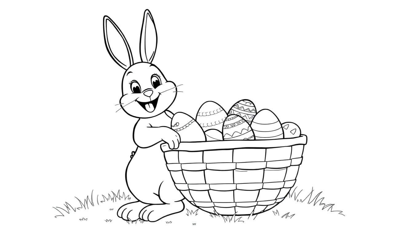 A happy Easter bunny holding a basket full of colorful eggs, ready for coloring! This black and white outline makes a fun activity color panel.