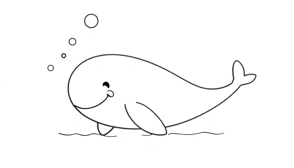 A cute whale coloring page with bubbles, a black and white color panel.