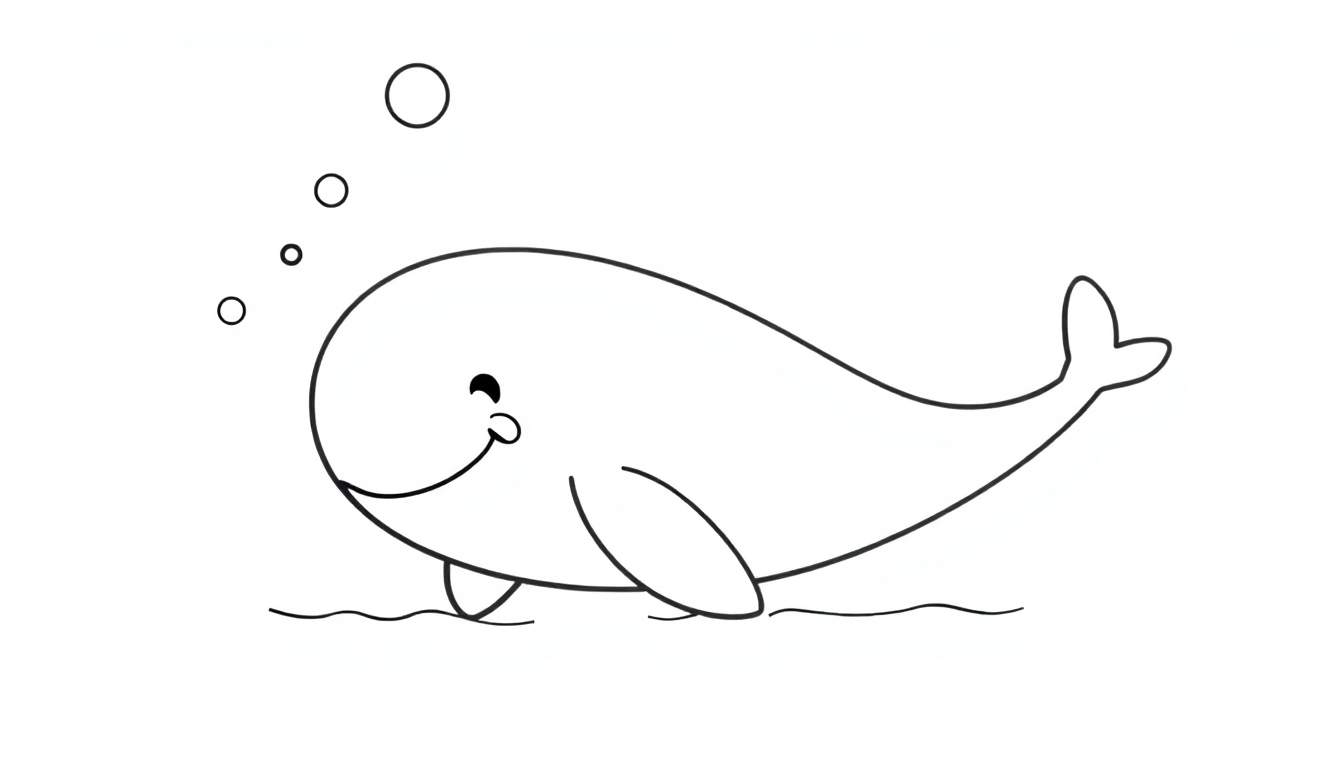 A cute whale coloring page with bubbles, a black and white color panel.