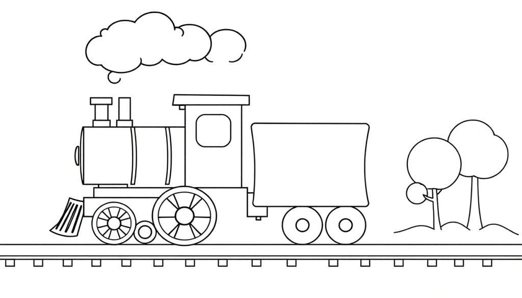 A friendly black and white steam train chugging along with fluffy clouds above and happy trees beside it, a color panel.