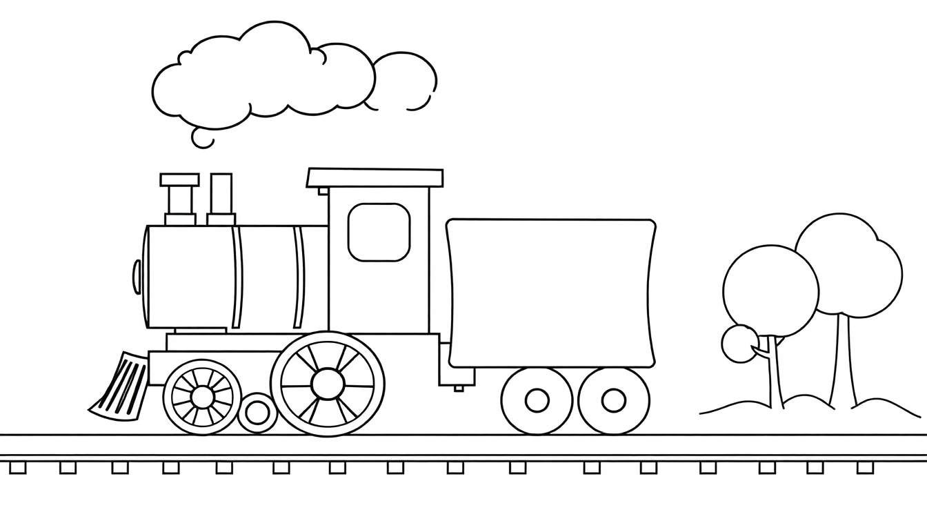 A friendly black and white steam train chugging along with fluffy clouds above and happy trees beside it, a color panel.