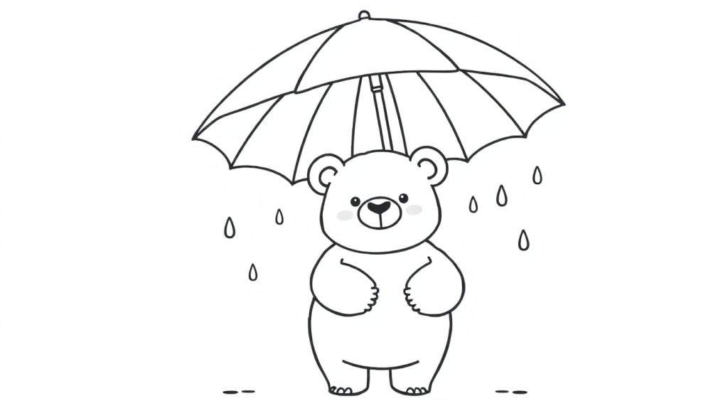 A cute cartoon bear holding an umbrella, ready to be colored in this black and white color panel.