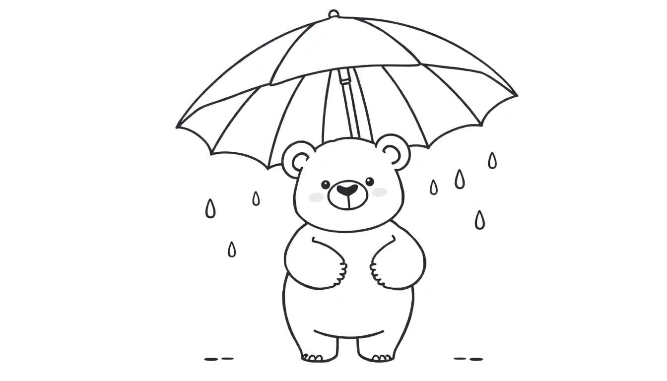 A cute cartoon bear holding an umbrella, ready to be colored in this black and white color panel.
