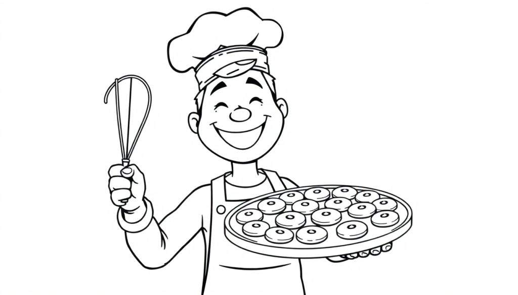 A smiling baker with a tall hat, holding a whisk and a tray of donuts, ready for coloring in this fun color panel.
