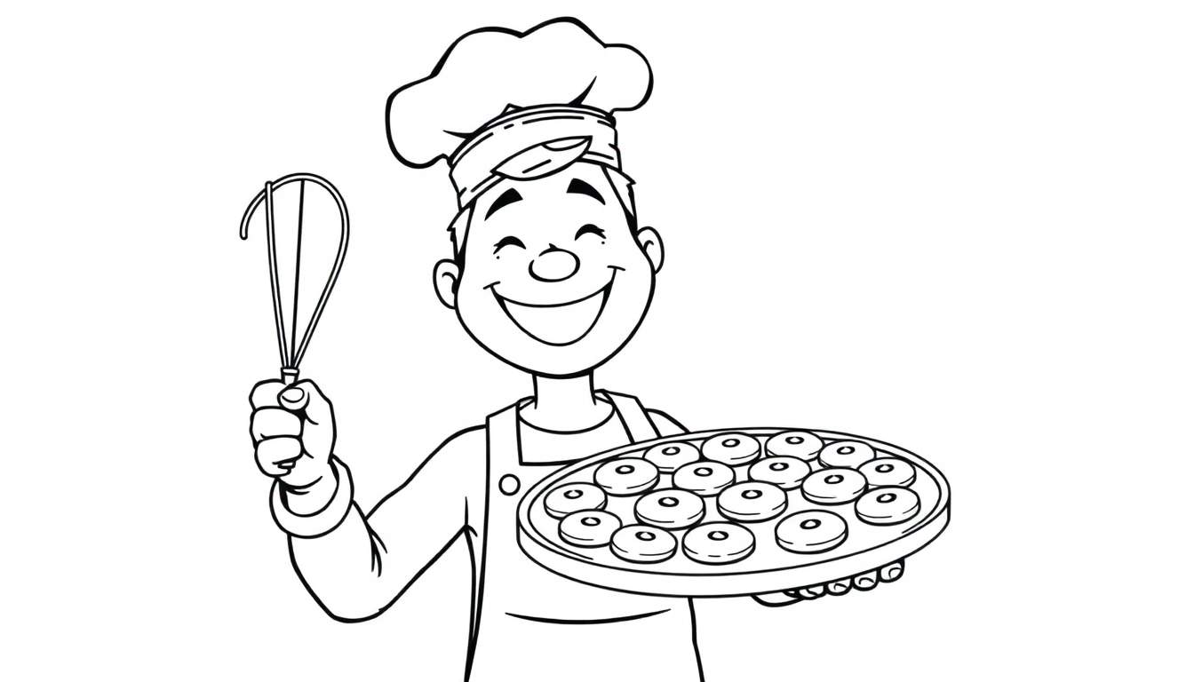 A smiling baker with a tall hat, holding a whisk and a tray of donuts, ready for coloring in this fun color panel.