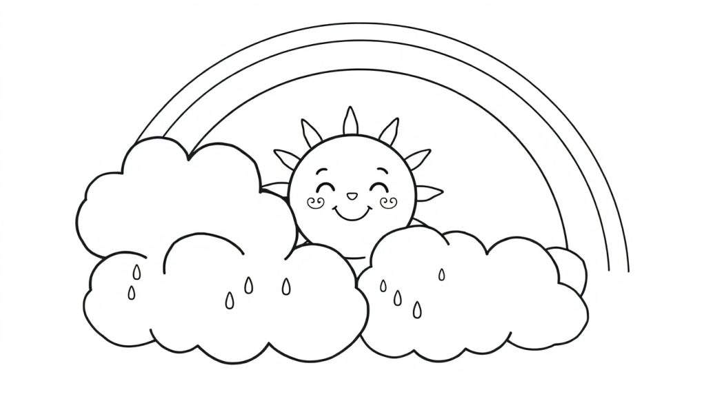 A smiling sun coloring panel with clouds, rain, and a rainbow.