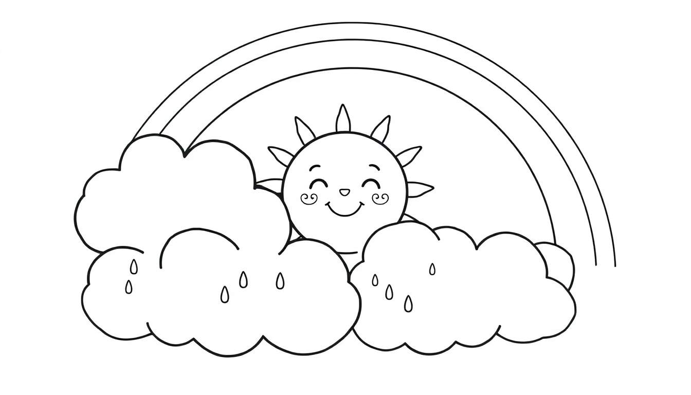 A smiling sun coloring panel with clouds, rain, and a rainbow.