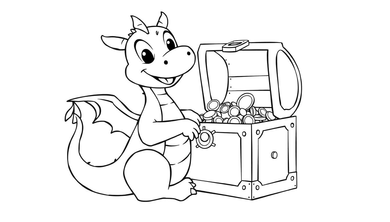 Cute dragon holding a key next to a treasure chest, ready for a color panel.