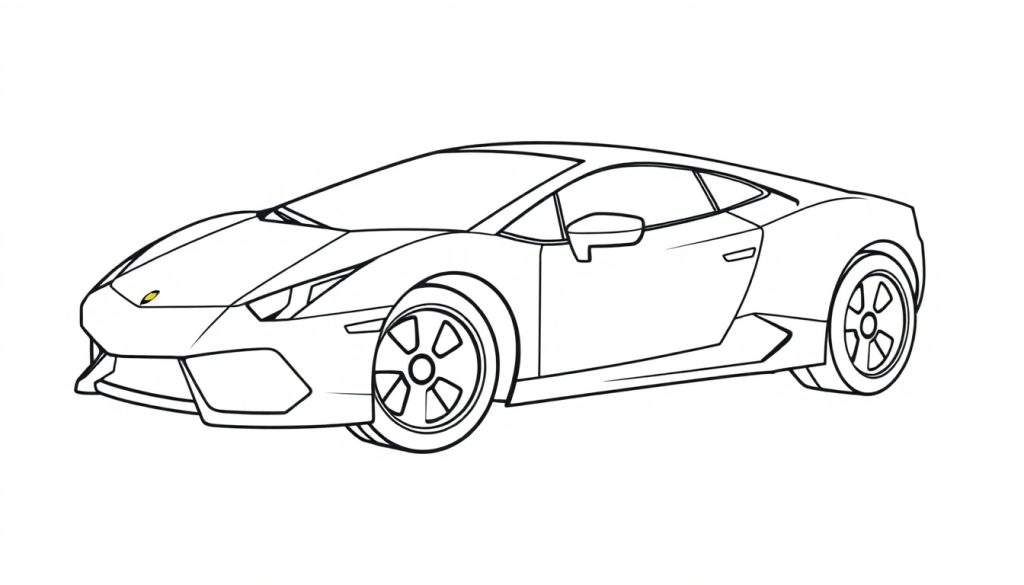 A cute black and white Lamborghini Huracan drawing, a color panel for kids with big wheels and smiling headlights.